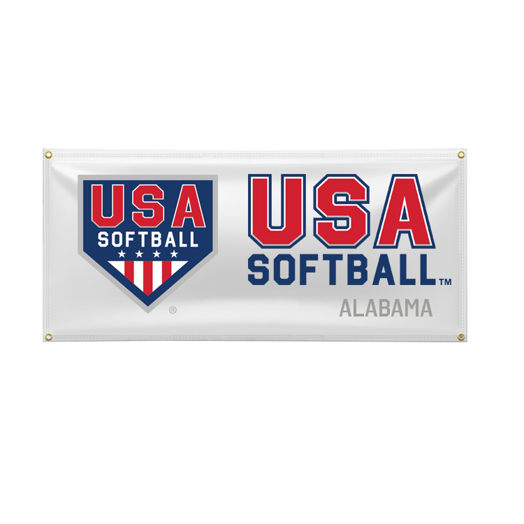 8'x3' White Vinyl Banner, USA Softball Primary and Secondary Stacked by Location
